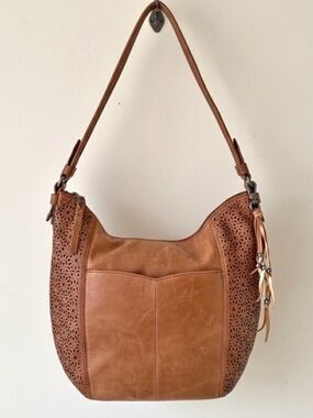 The Sak Leather Sequoia Laser Cut Hobo Shoulder Bucket Bag Tobacco Moroccan Tan